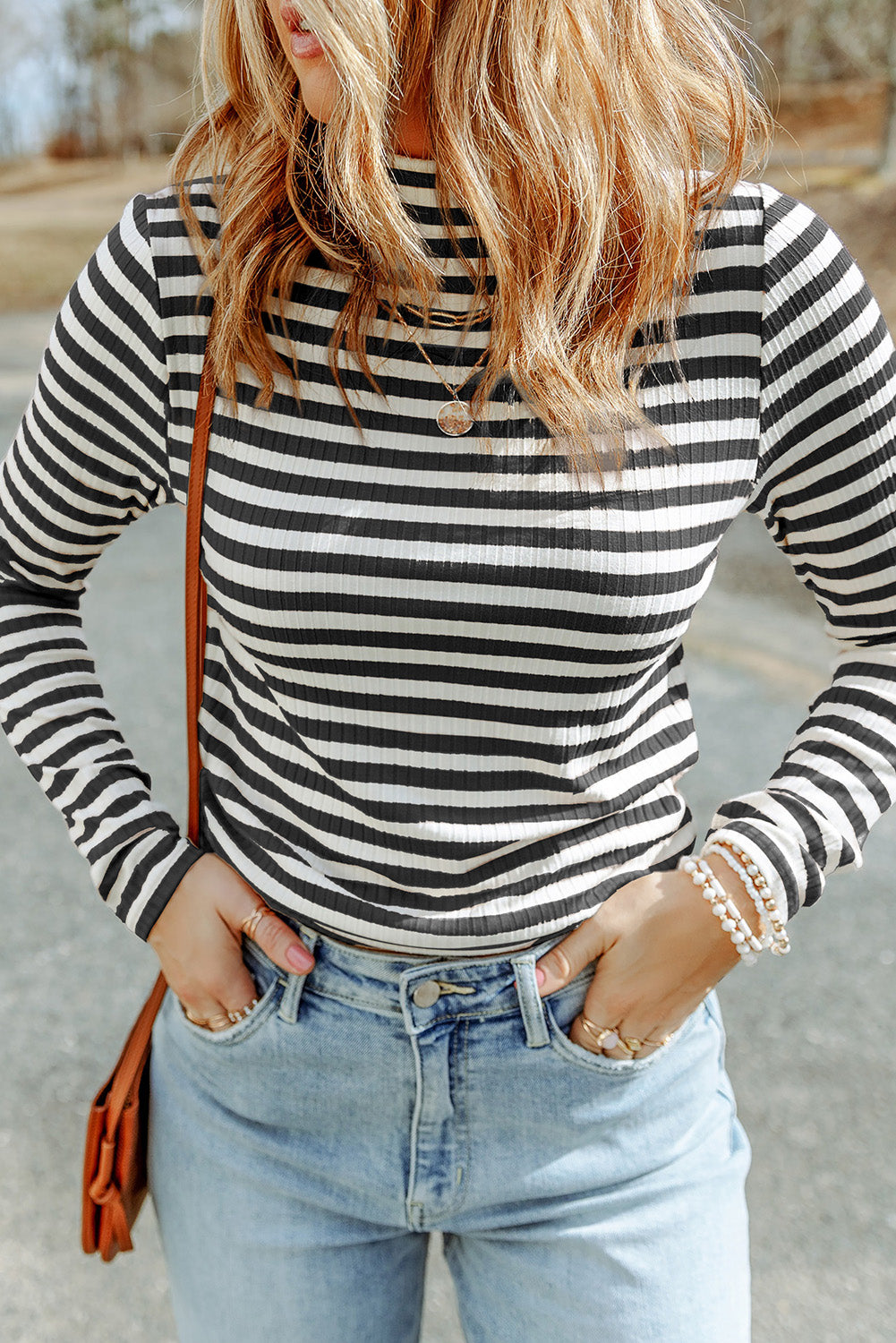double take striped mock neck long sleeve top