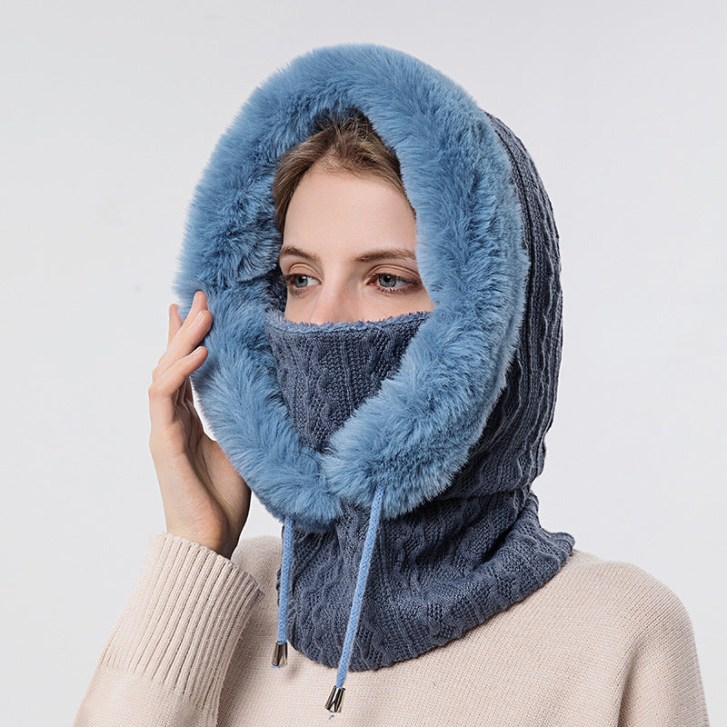 winter thick plush hat with scarf windproof warm knit hats hooded for women