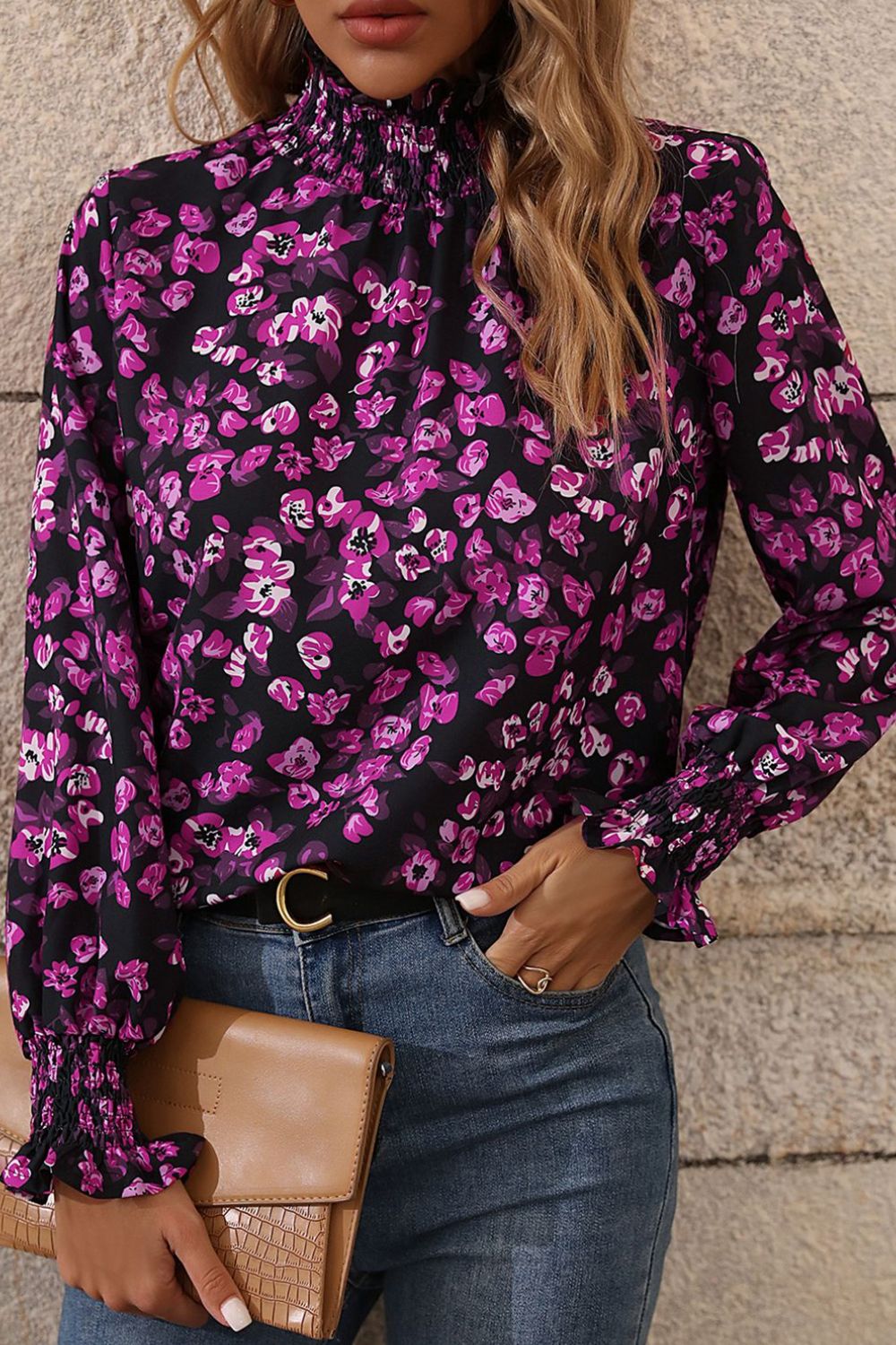 floral mock neck flounce sleeve blouse