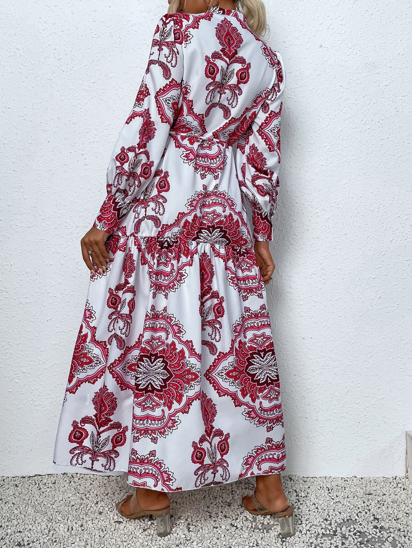 printed tie waist notched neck midi dress