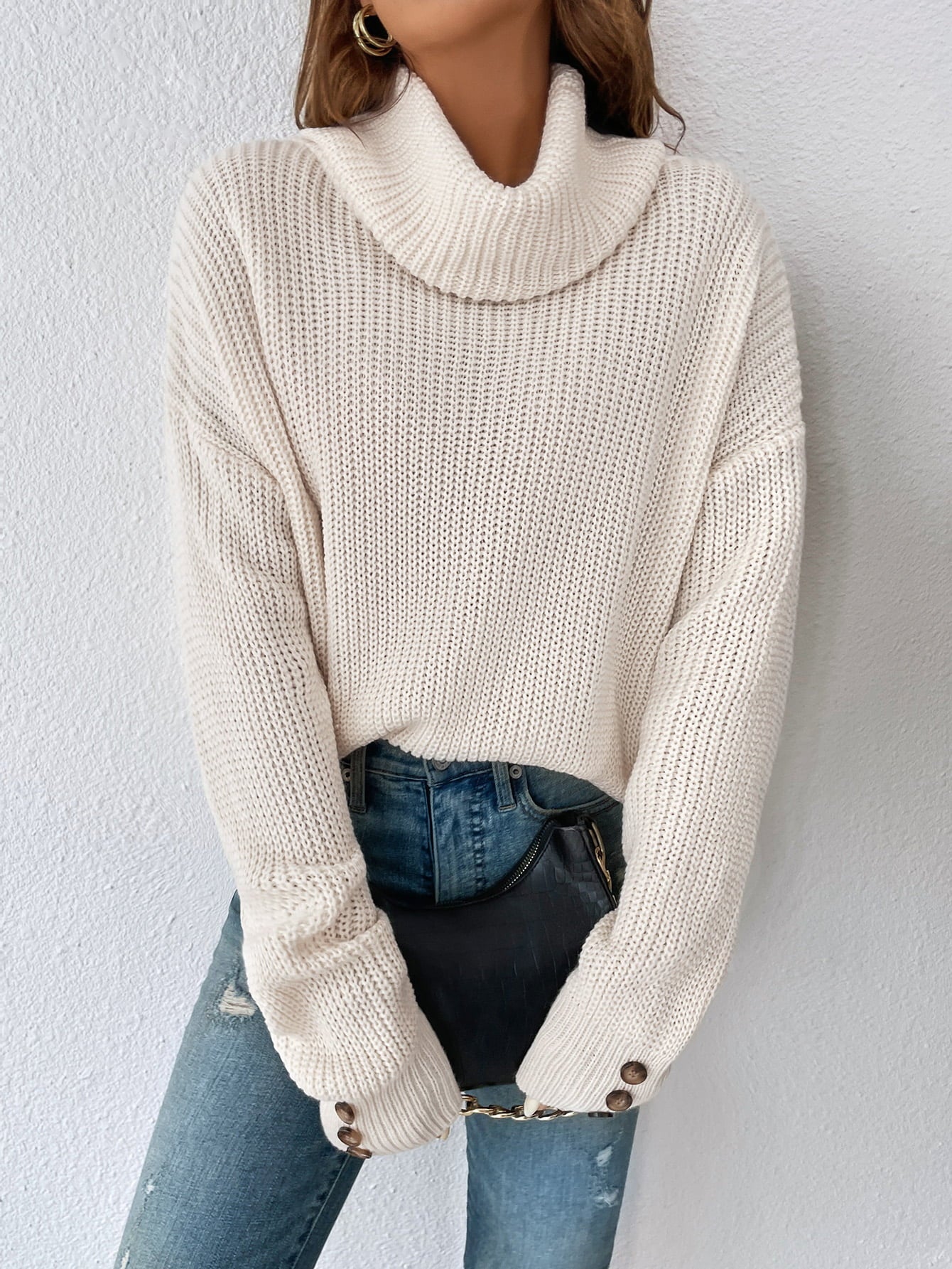 woven right decorative button turtleneck dropped shoulder sweater