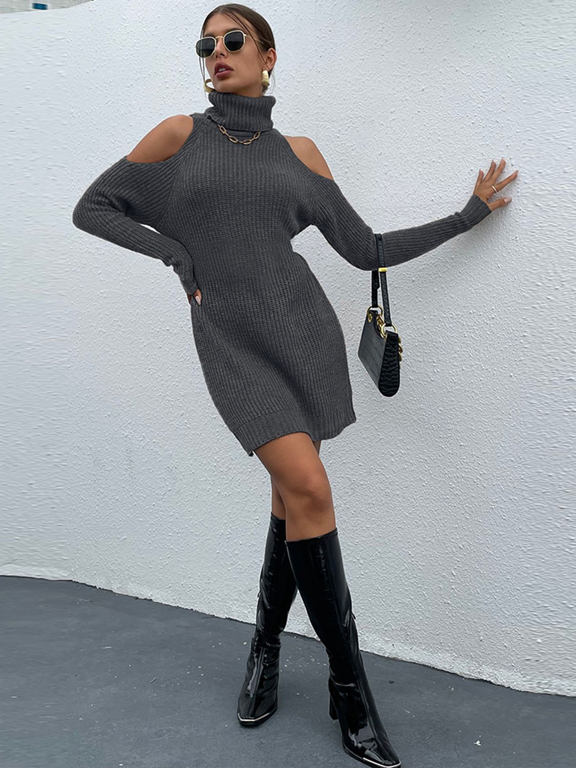 turtleneck cold-shoulder sweater dress