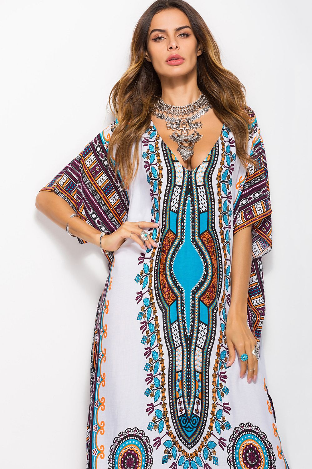 printed v-neck side slit maxi dress