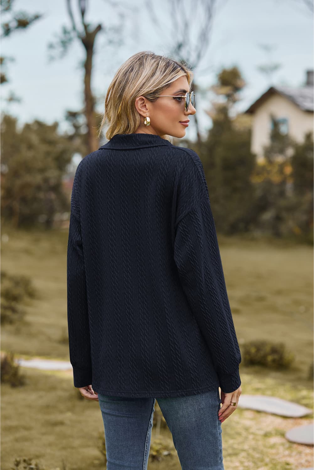 collared neck cable-knit long sleeve blouse