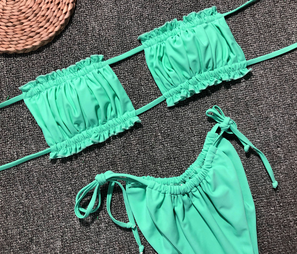 frill trim ruched bikini set
