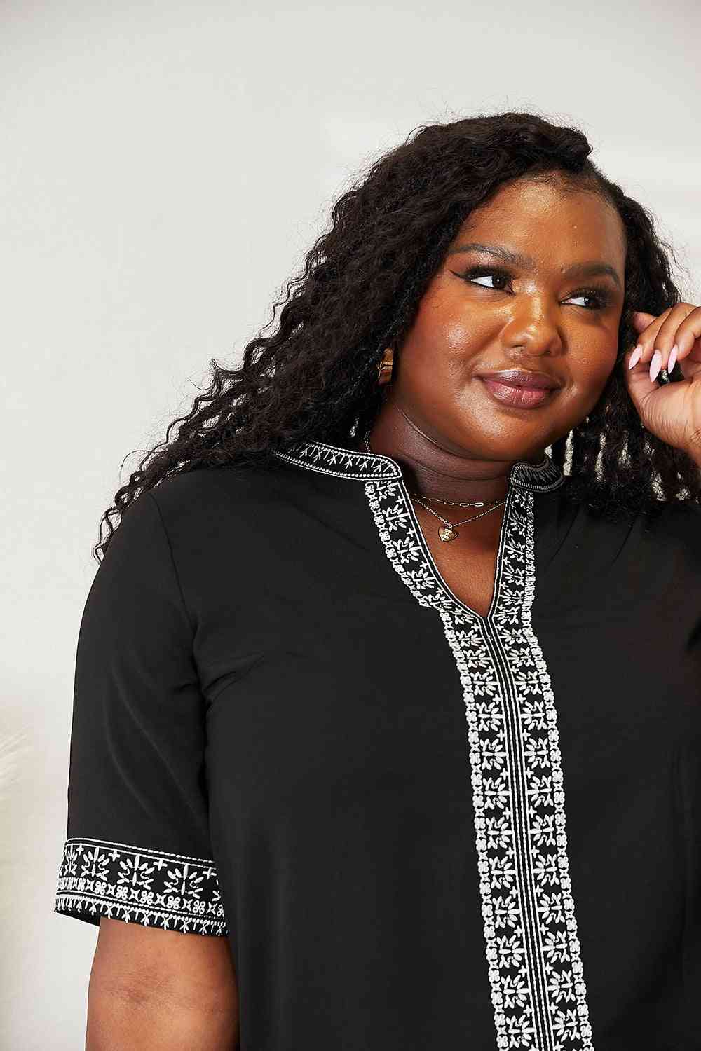 double take embroidered notched neck top