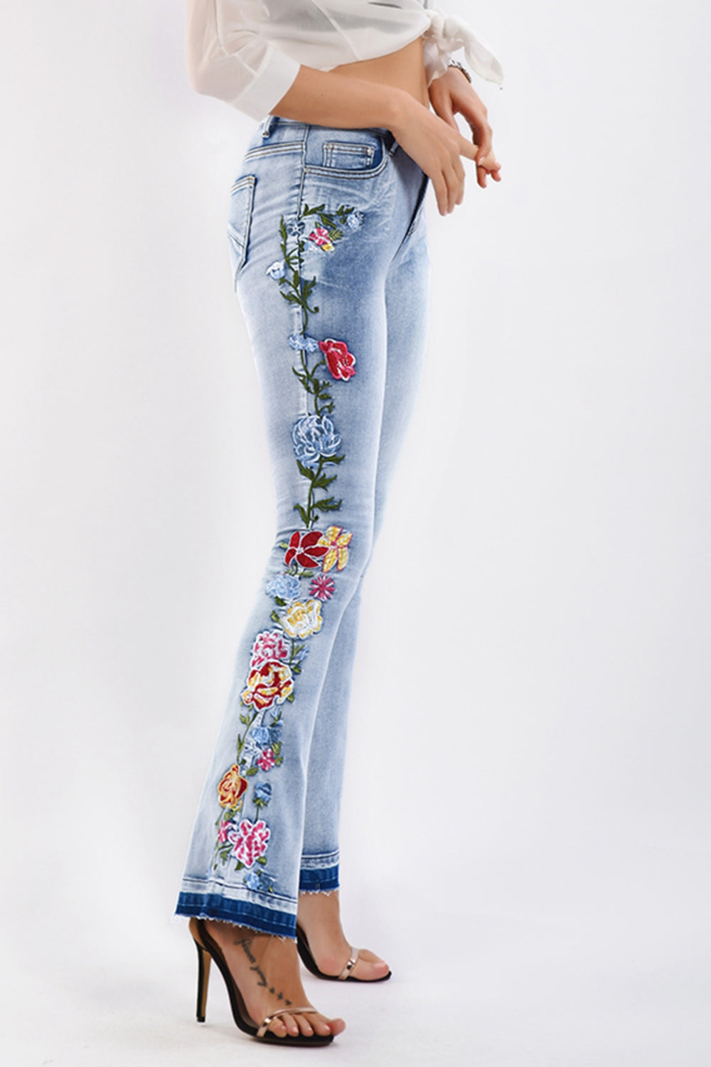 full size flower embroidery wide leg jeans