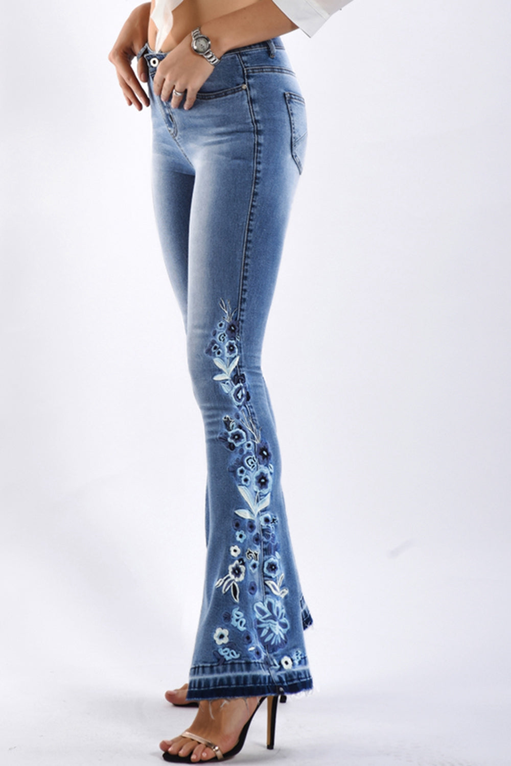 full size flower embroidery wide leg jeans