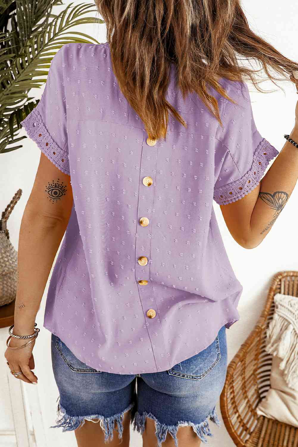 swiss dot decorative button short sleeve blouse
