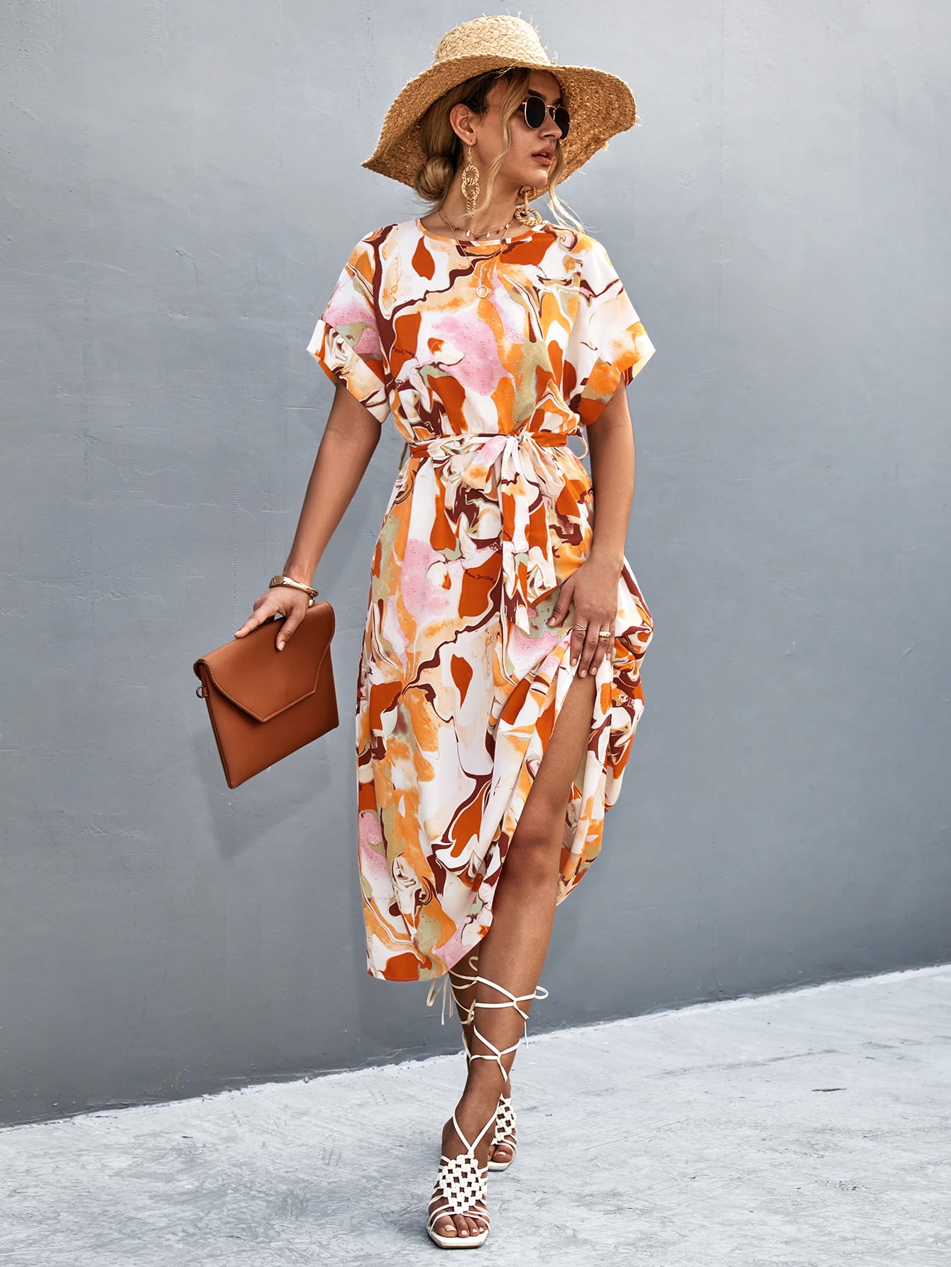 round neck short sleeve tie waist midi dress
