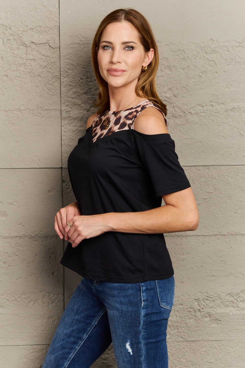 leopard print round neck cold shoulder blouse