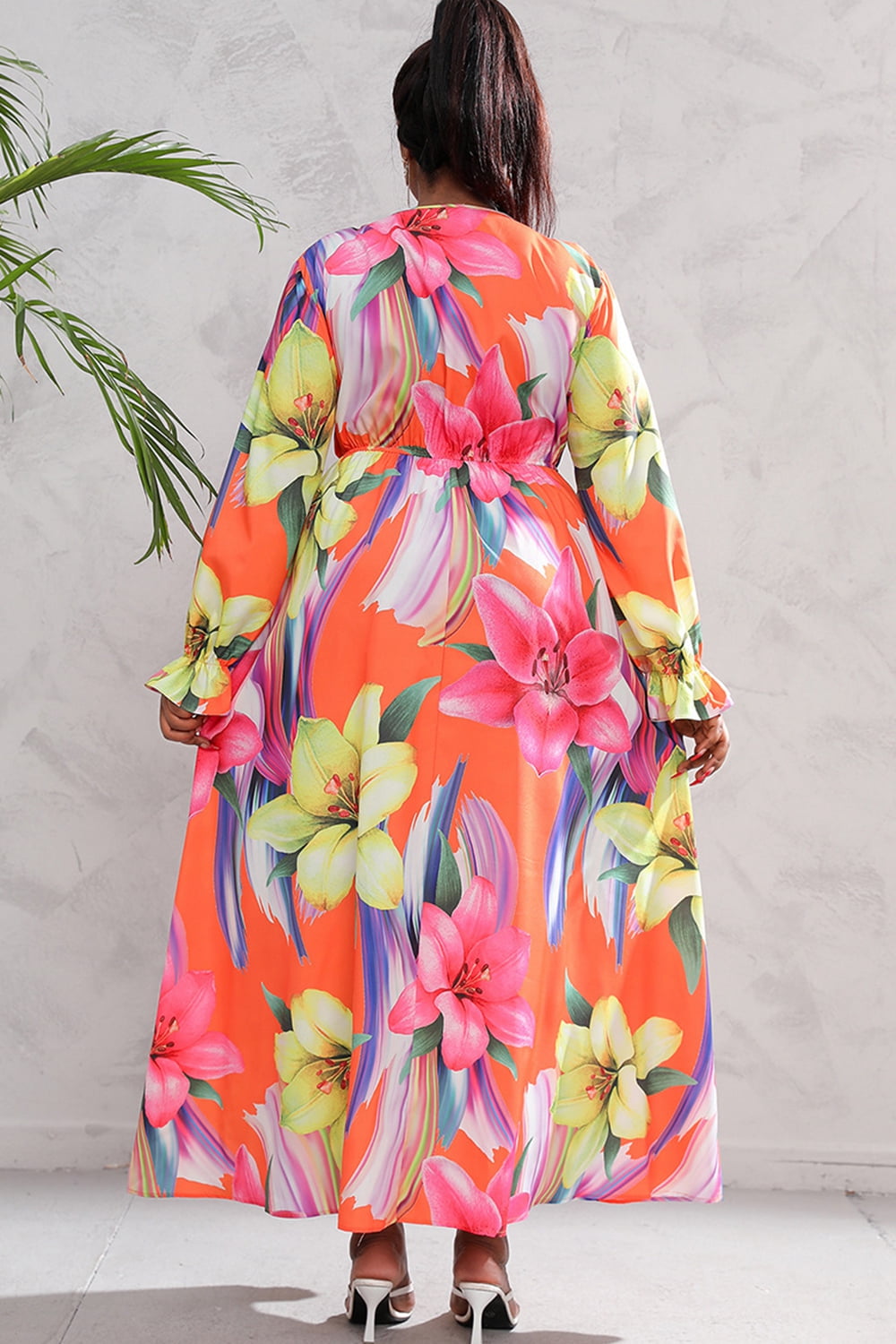 plus size printed flounce sleeve maxi dress