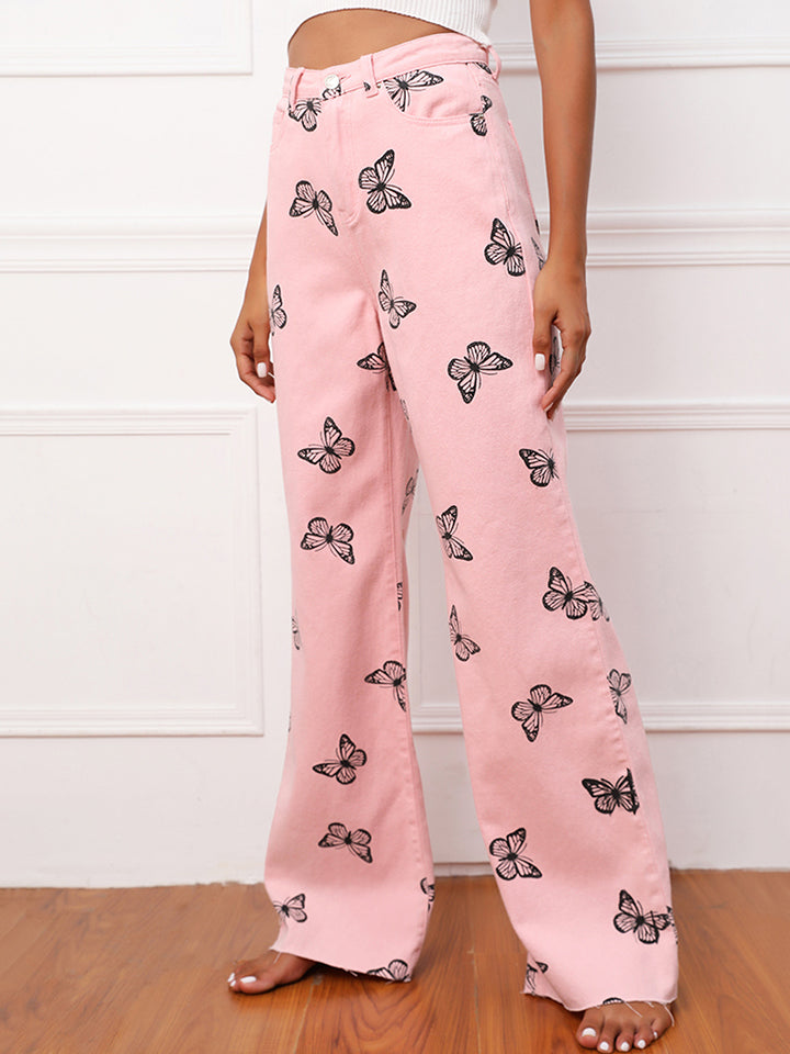 butterfly pattern wide leg jeans