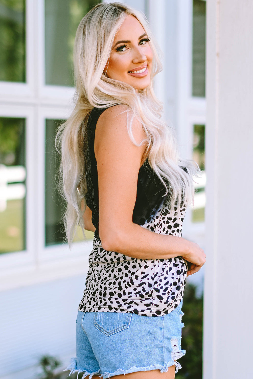 printed notched neck tank