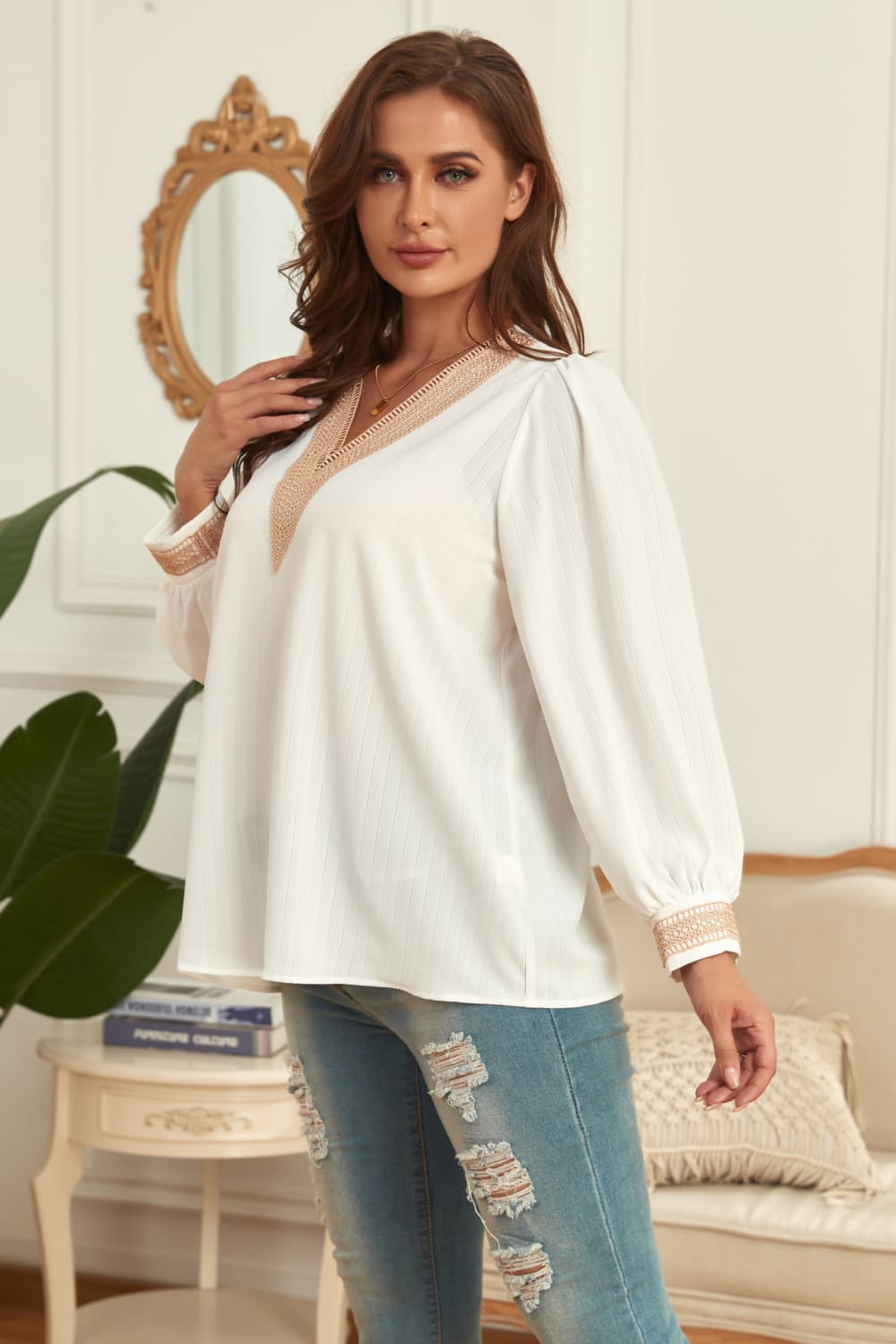melo apparel plus size v-neck puff sleeve blouse