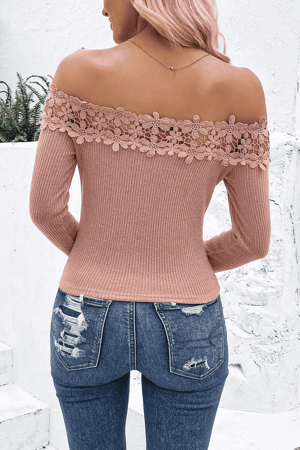off-shoulder lace trim ribbed tee