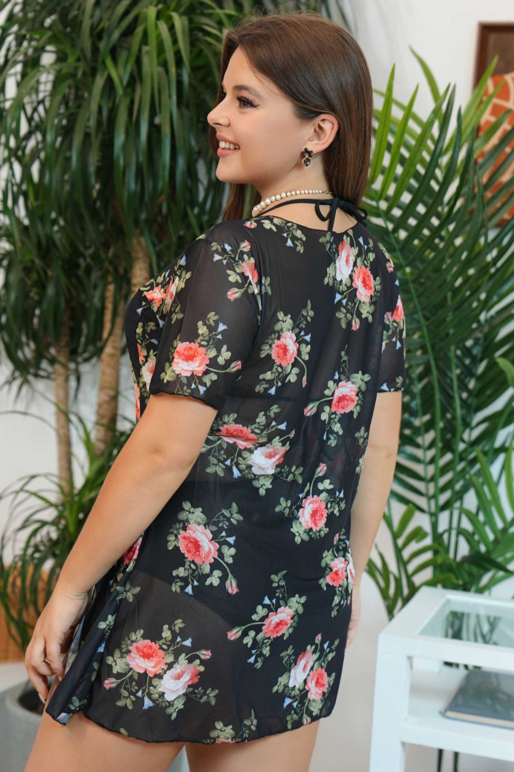 plus size floral slit three-piece swim set