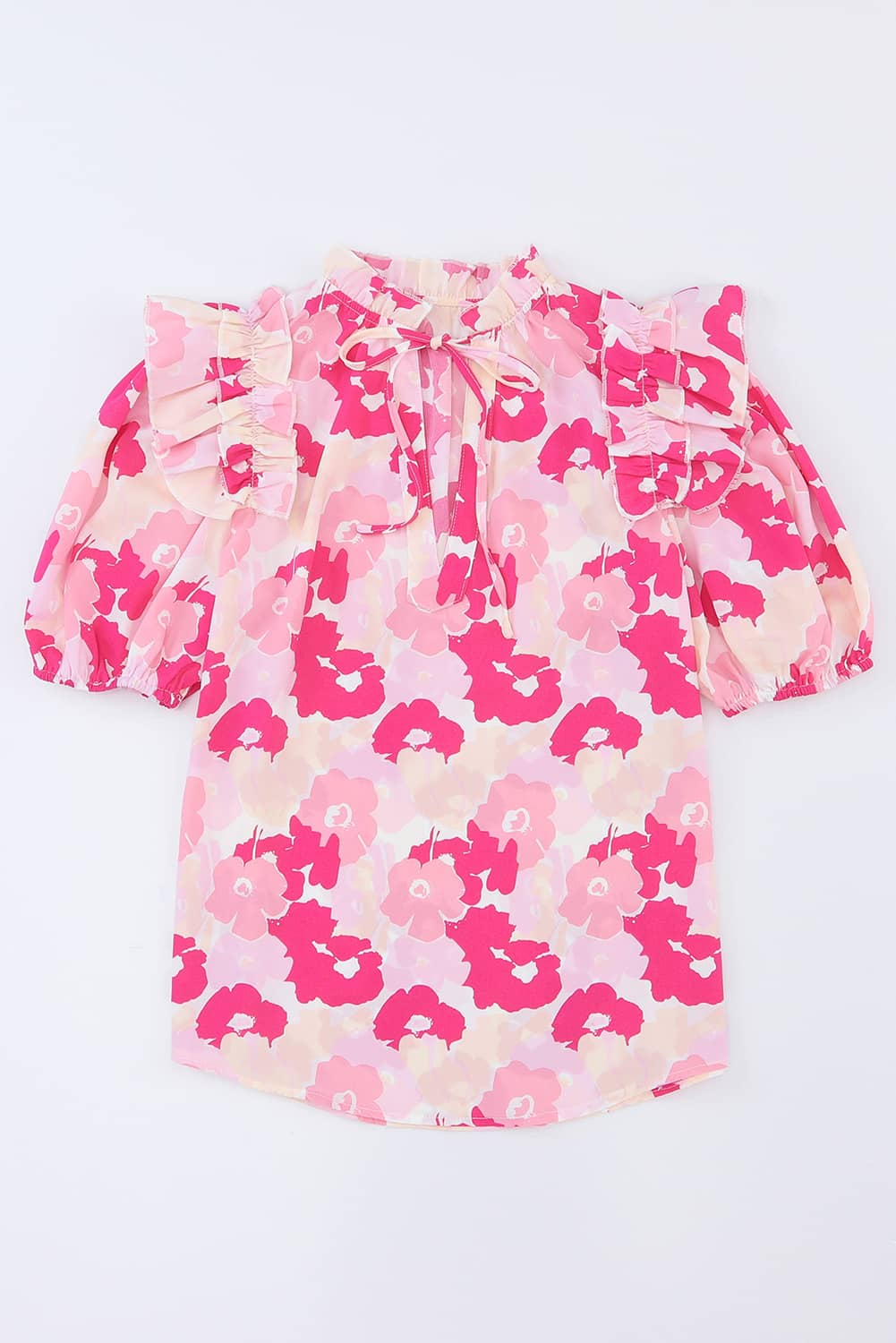 floral tie neck ruffle shoulder blouse