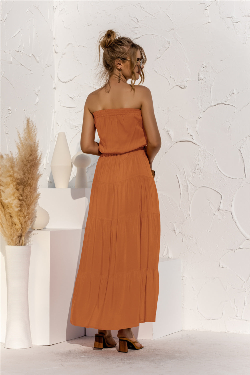 strapless tie waist tiered maxi dress