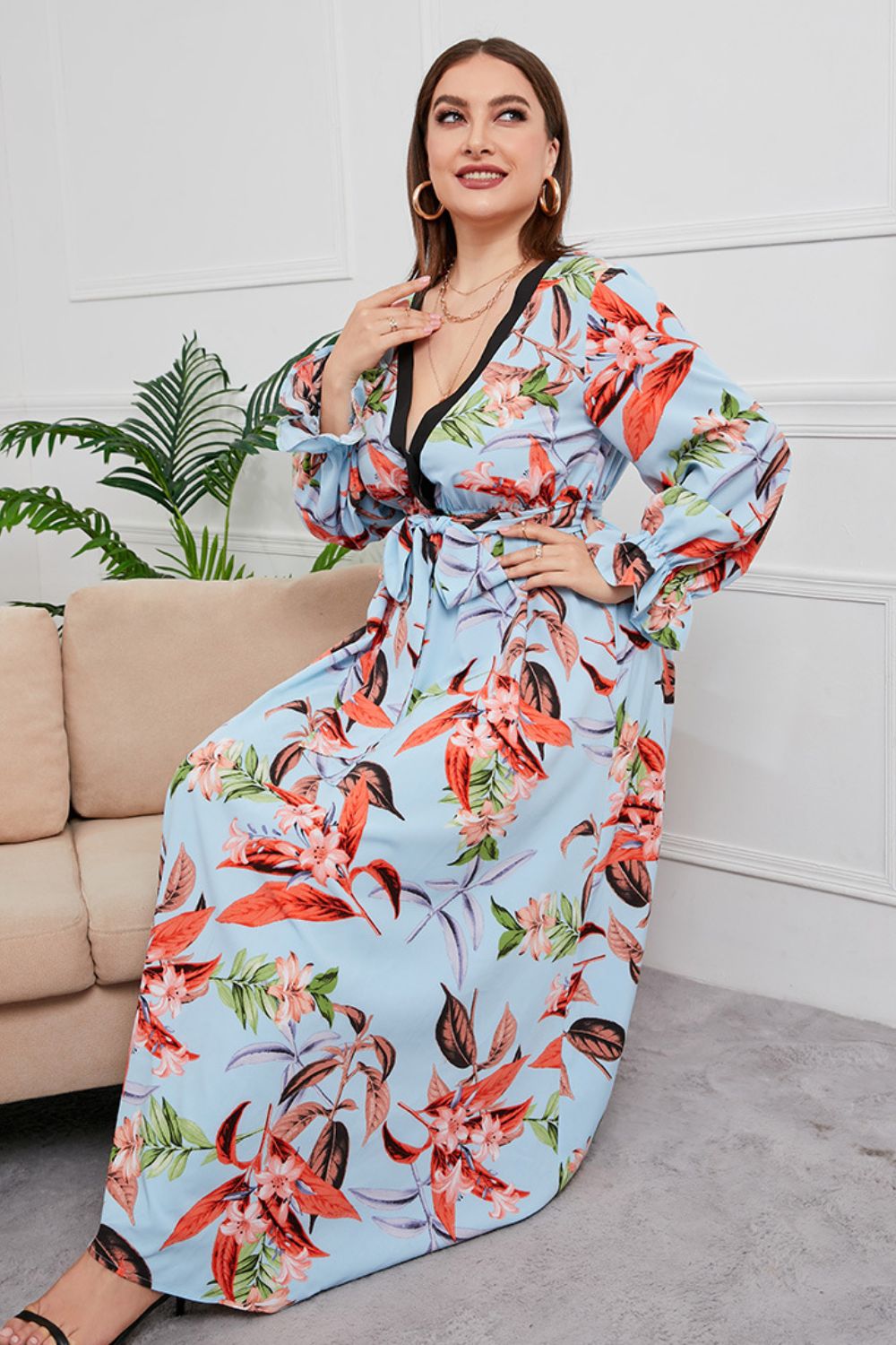 plus size belted surplice flounce sleeve maxi dress