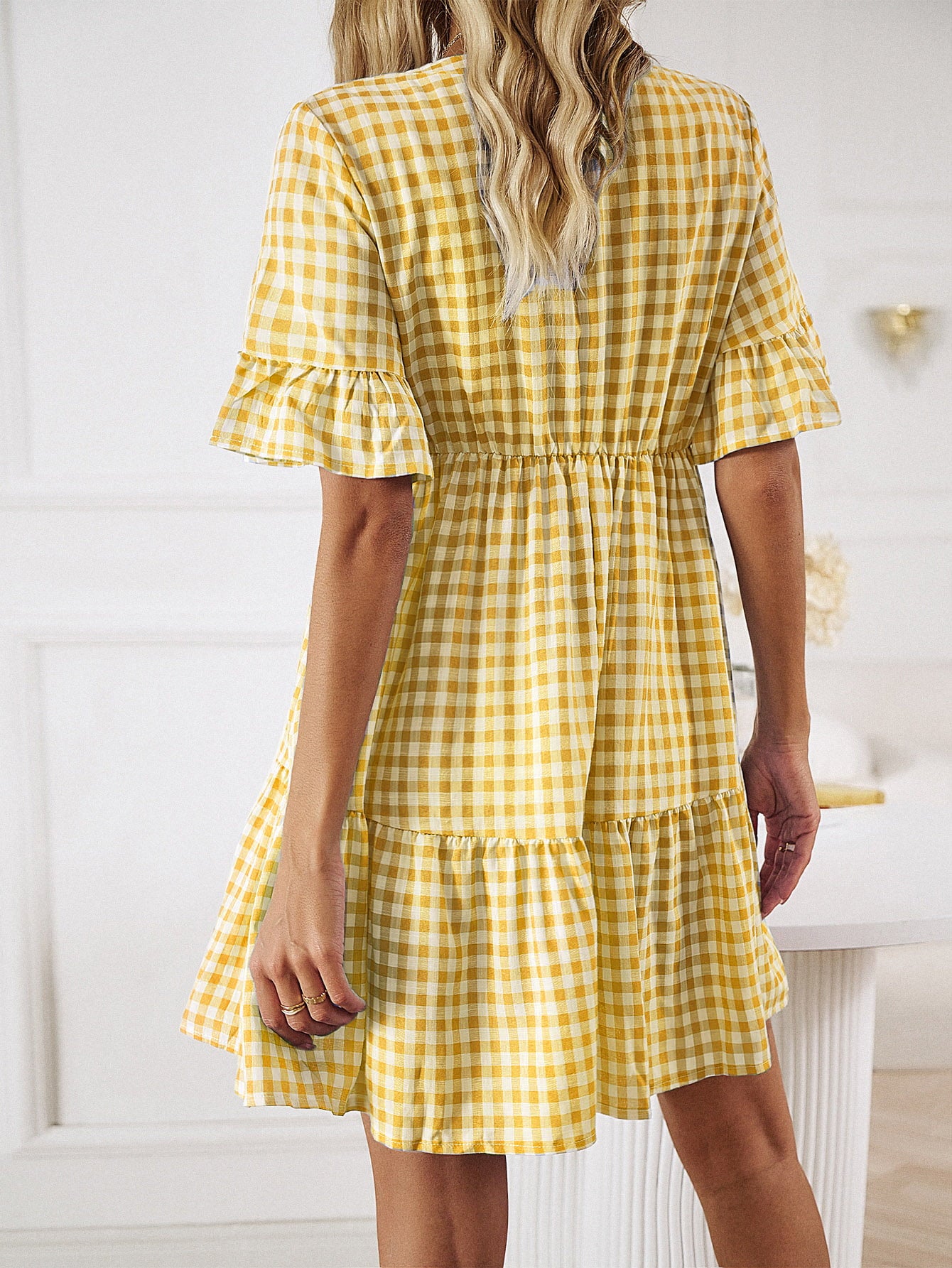 plaid flounce sleeve buttoned mini dress
