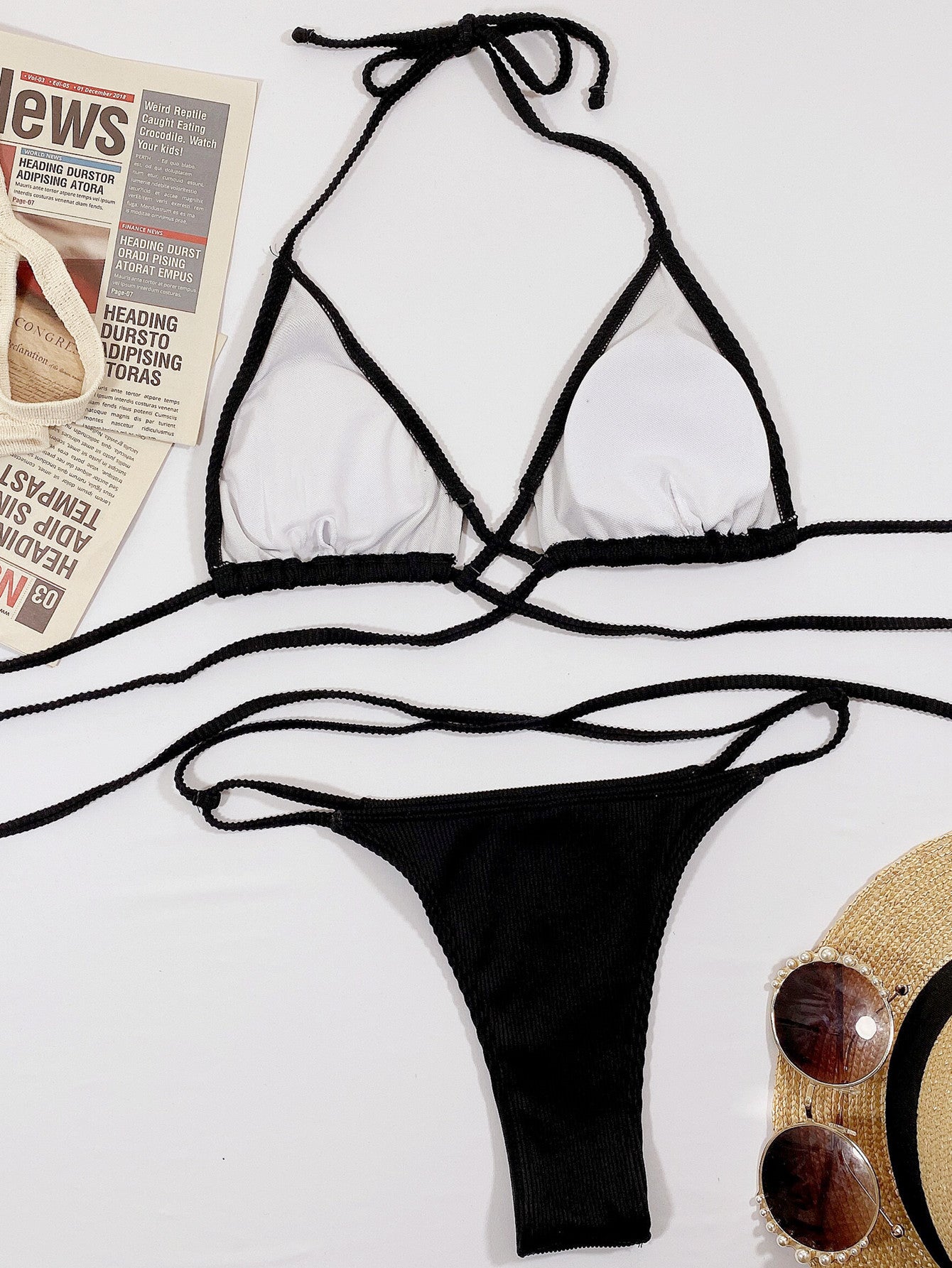 halter neck crisscross ribbed bikini set