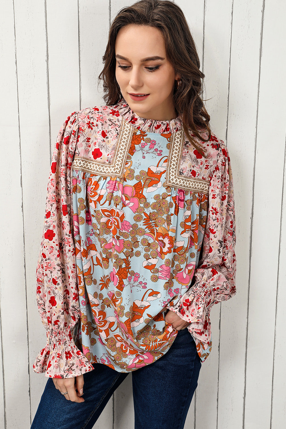 floral print flounce sleeve mock neck blouse