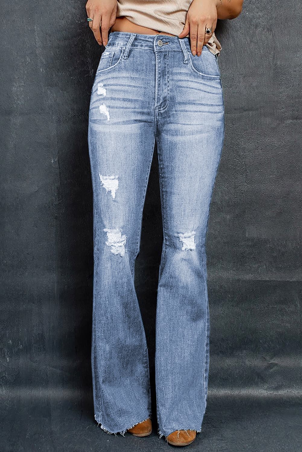 distressed raw hem flare jeans