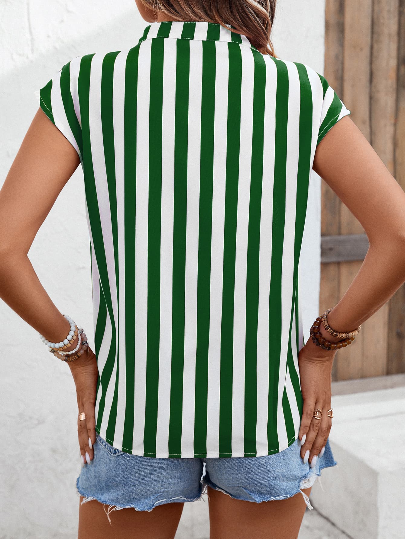 striped notched neck cap sleeve blouse