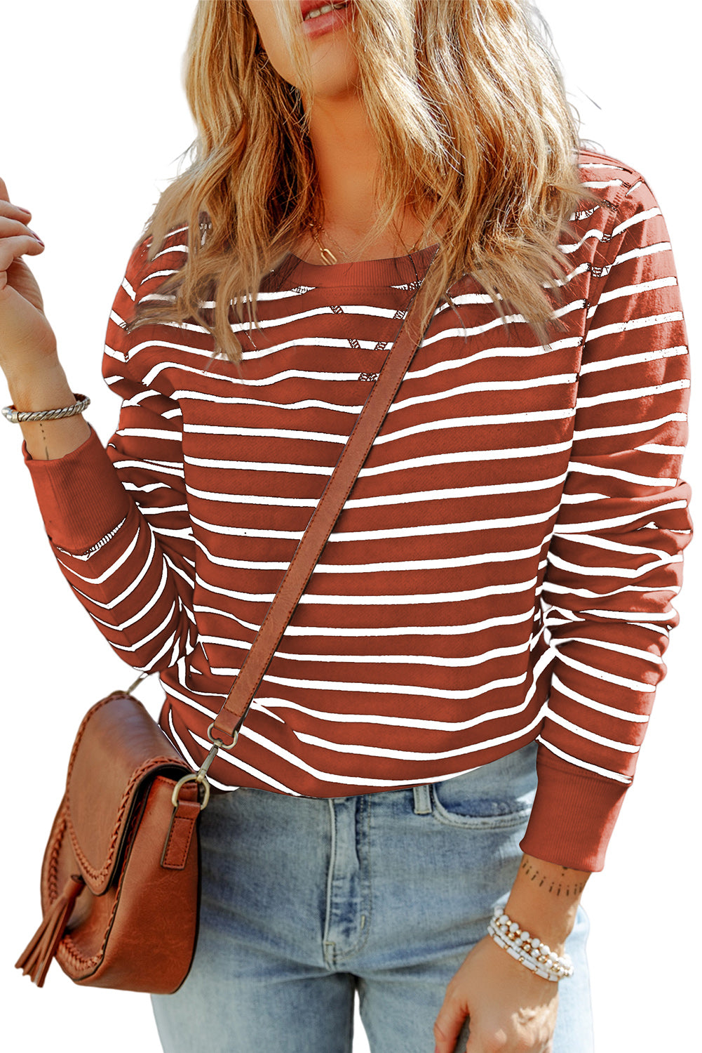 striped long sleeve round neck top