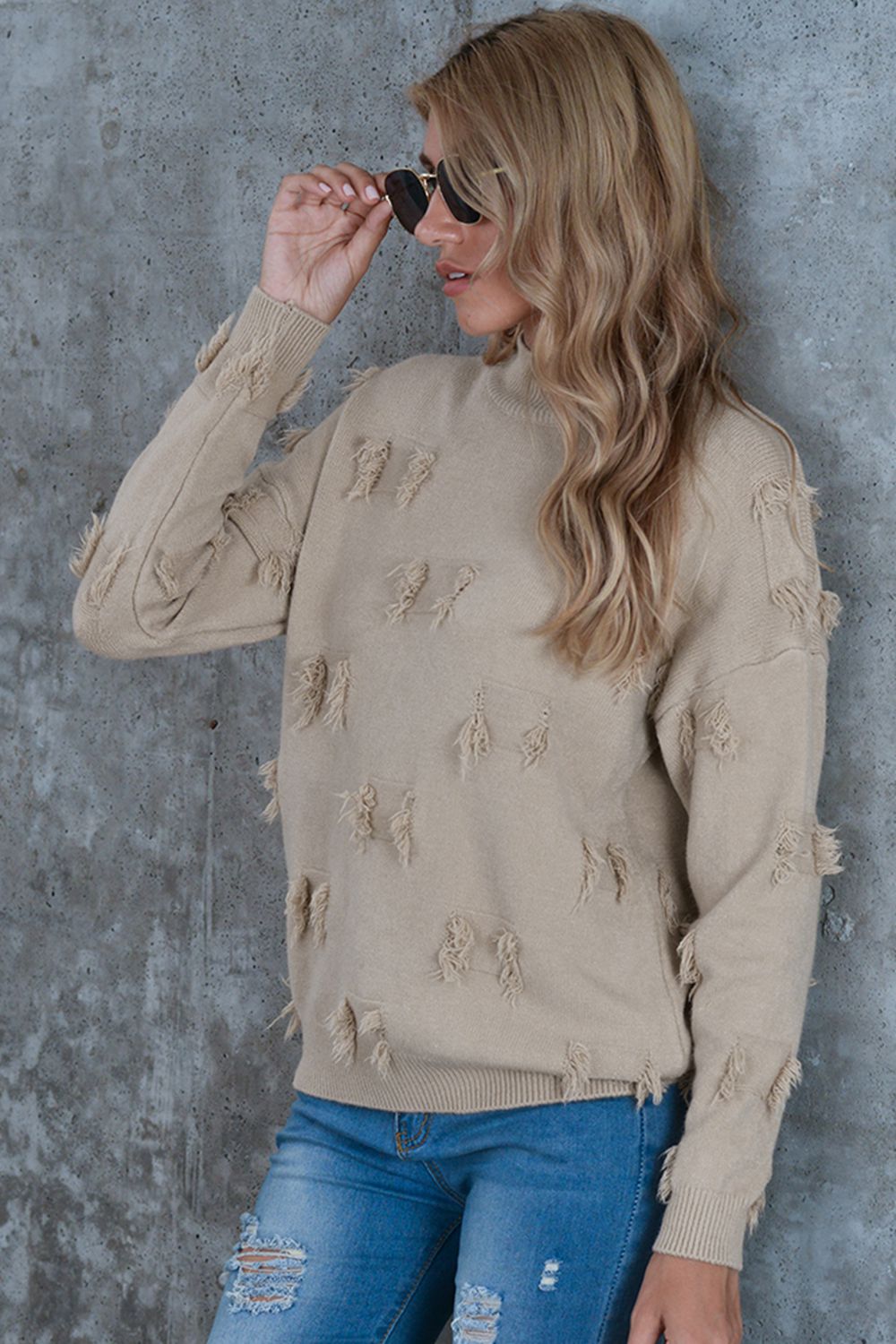 mock neck frayed trim sweater