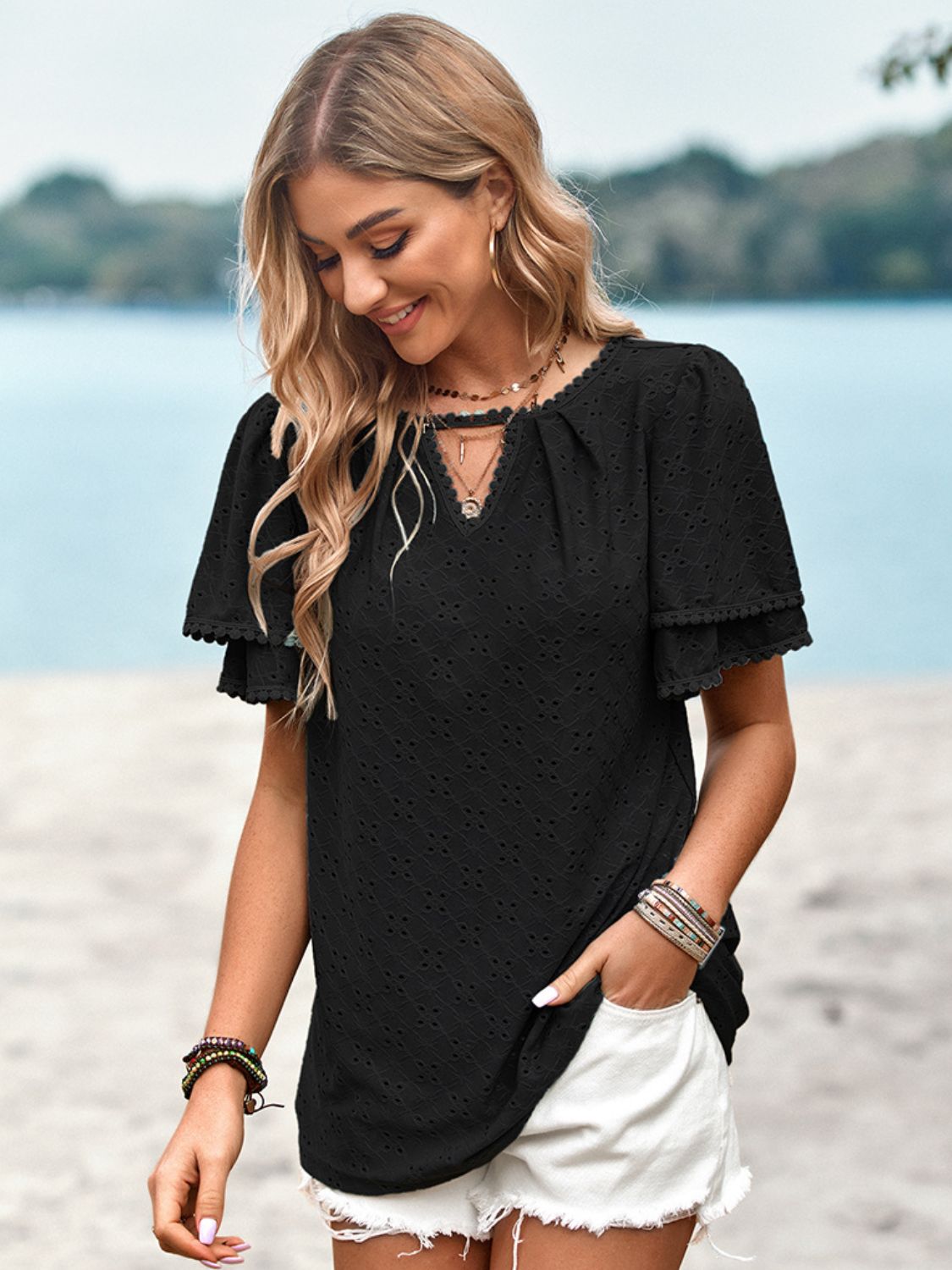 eyelet round neck puff sleeve blouse