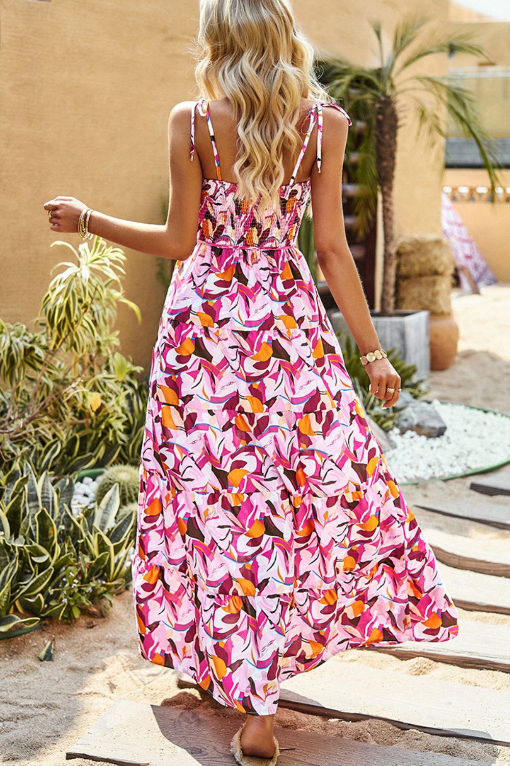 printed tie-shoulder smocked maxi dress
