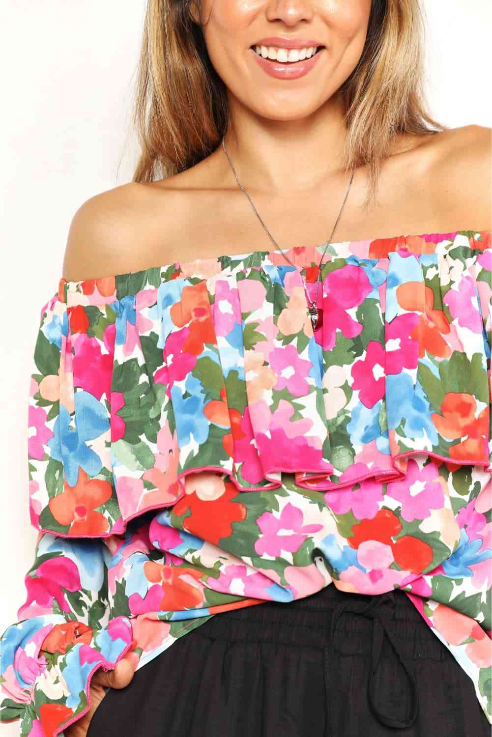 double take floral off-shoulder flounce sleeve layered blouse