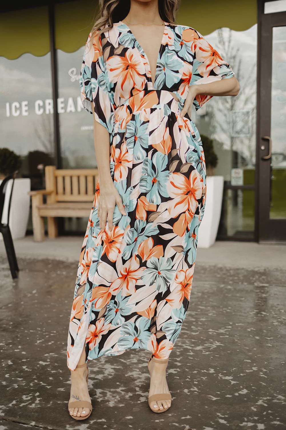 floral slit plunge short sleeve dress