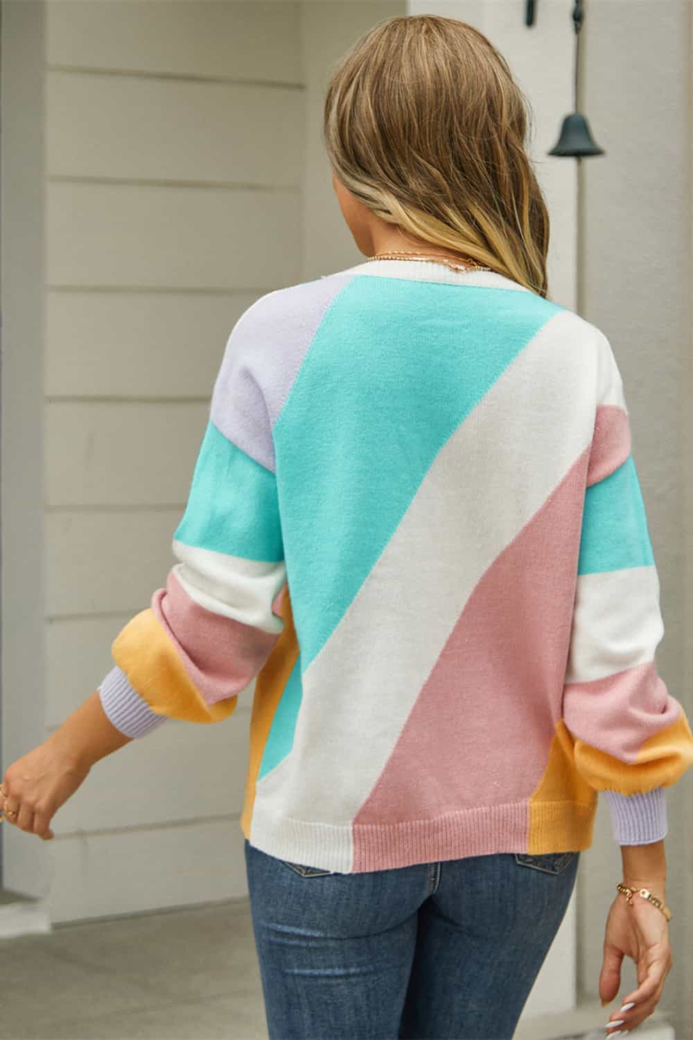 color block round neck long sleeve sweater