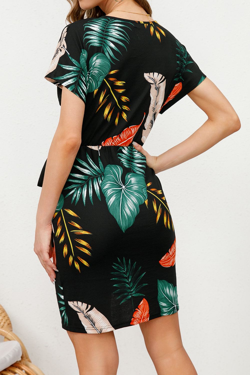 printed surplice neck short sleeve side tie mini dress