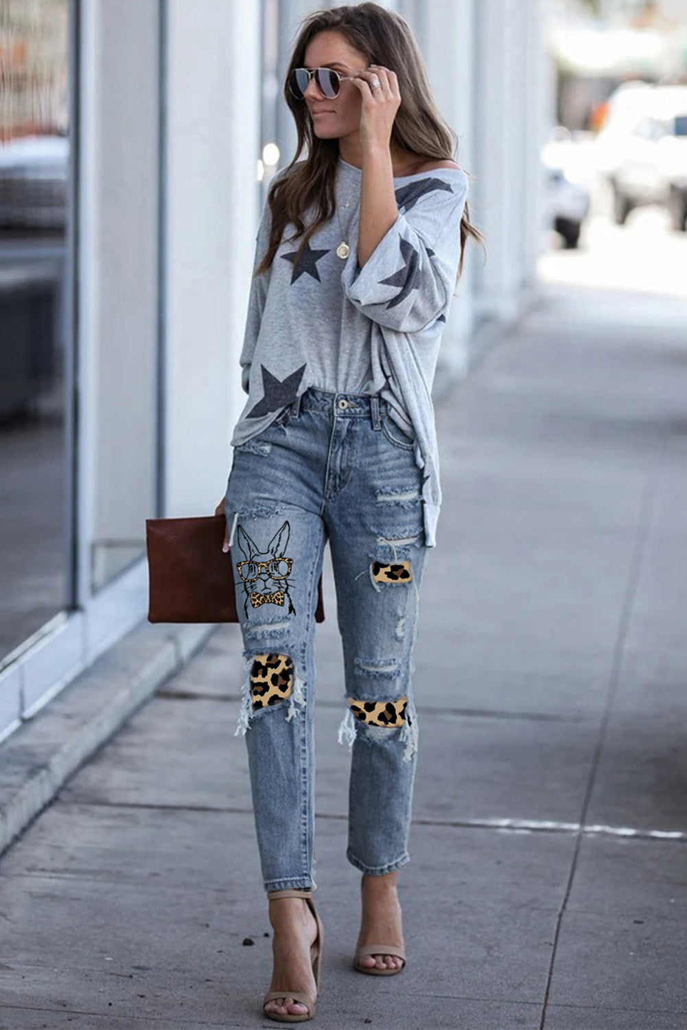 baeful easter leopard patch bunny graphic jeans