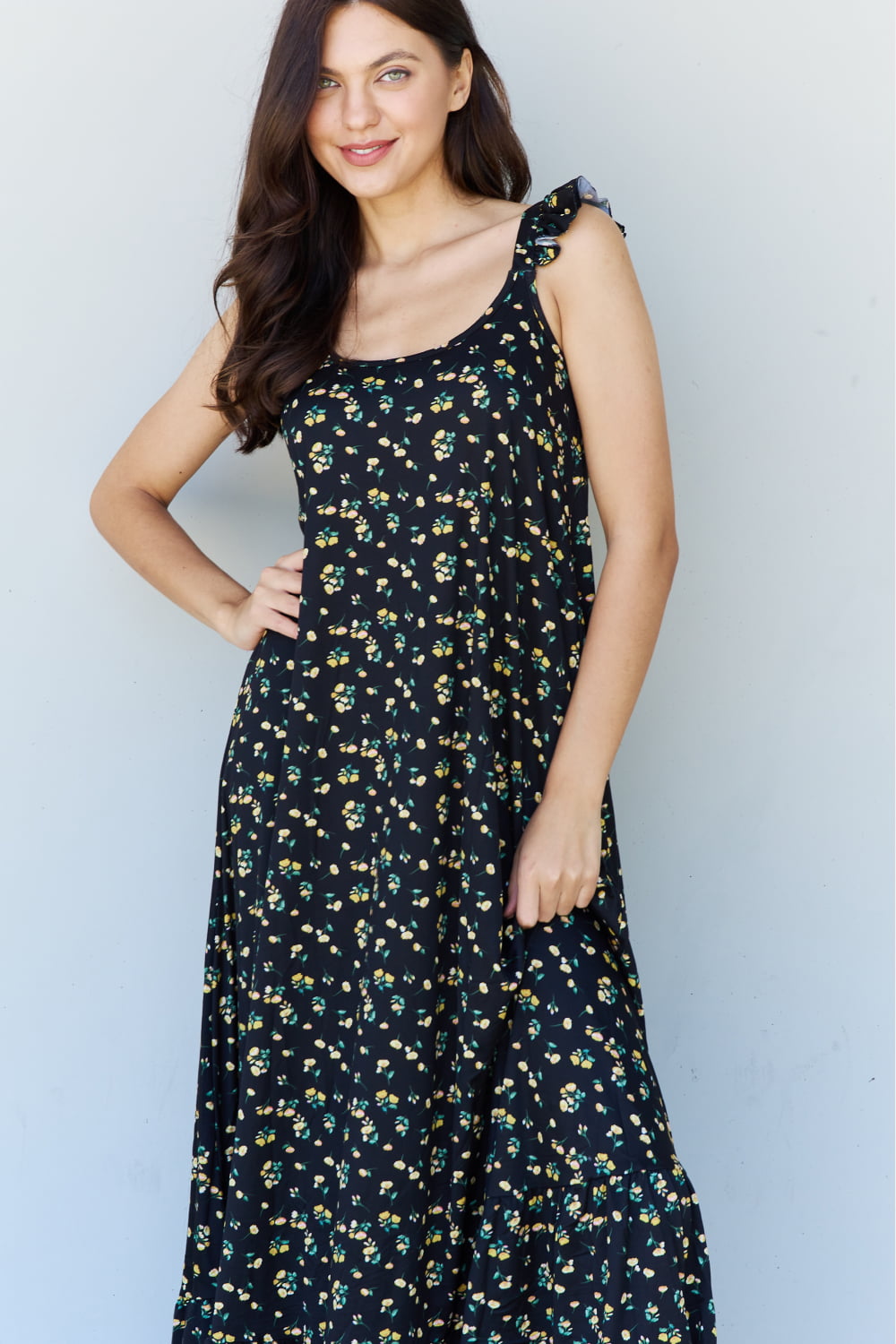doublju in the garden ruffle floral maxi dress in black yellow floral