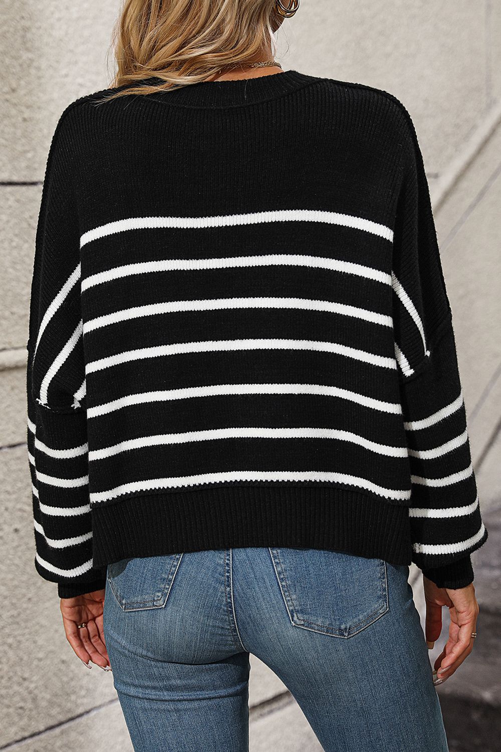 striped dropped shoulder round neck pullover sweater