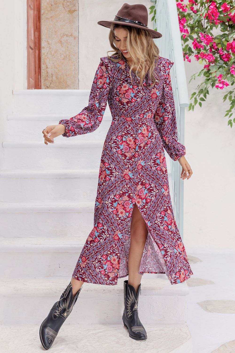 printed long sleeve slit midi dress
