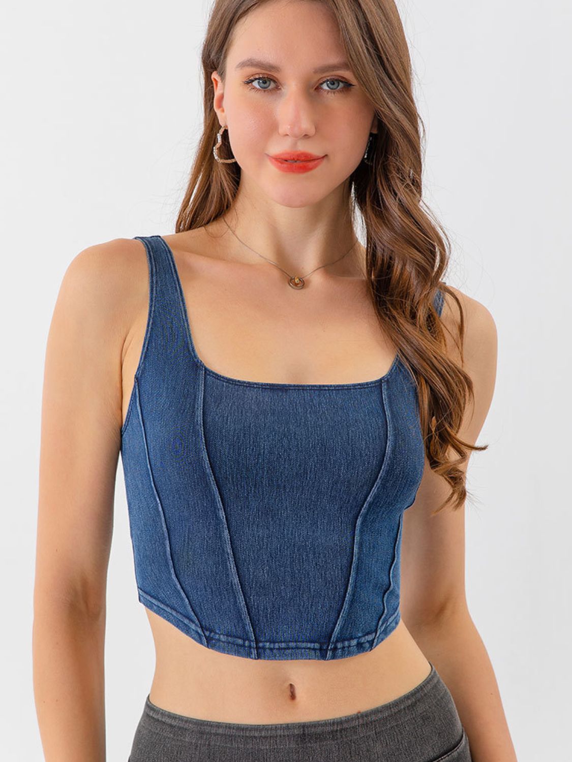 seam detail cropped denim tank
