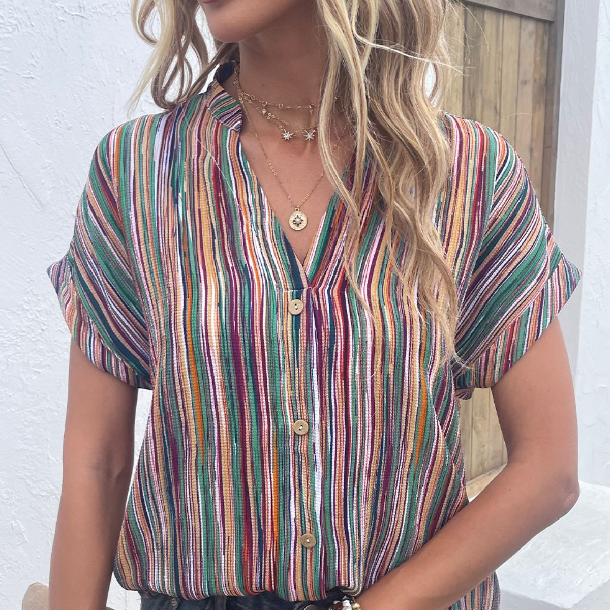 multicolored stripe notched neck top