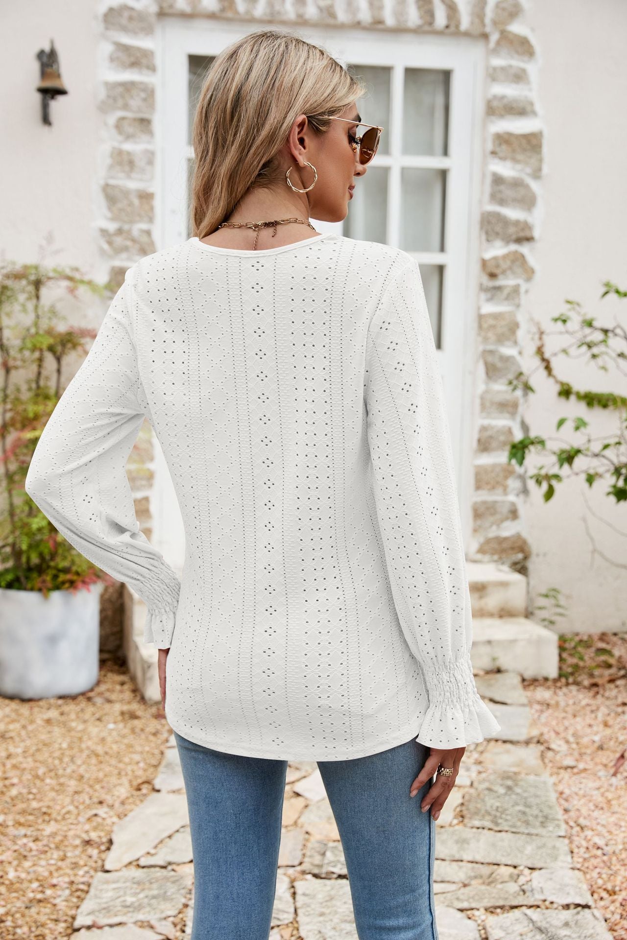 eyelet flounce sleeve v-neck blouse