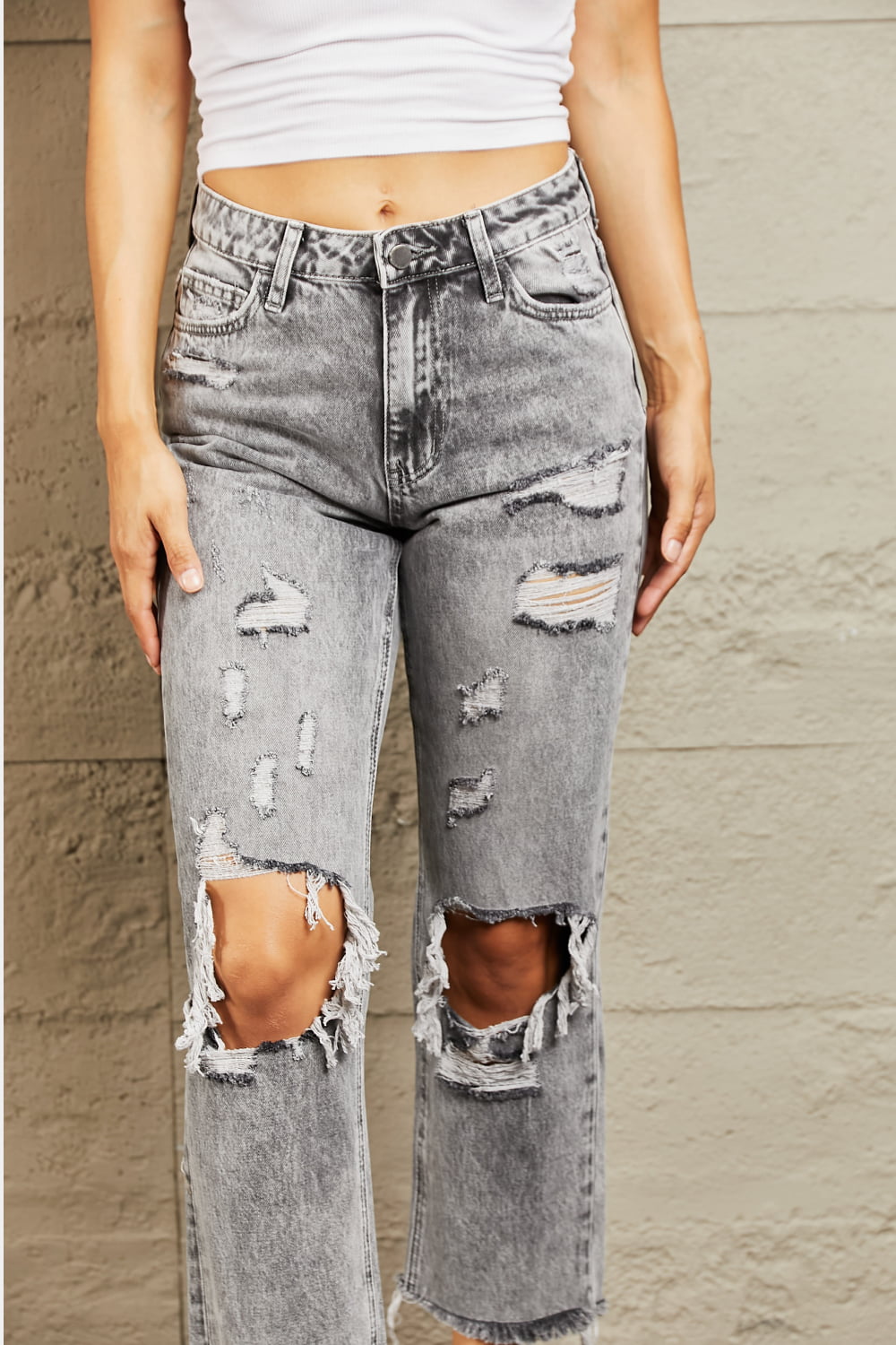 bayeas acid wash distressed straight jeans