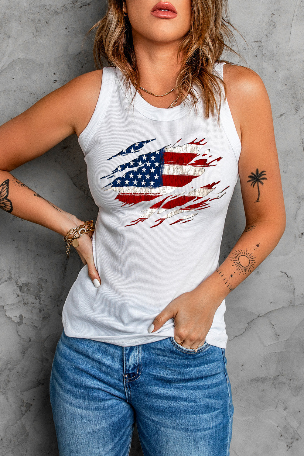 full size us flag graphic round neck tank