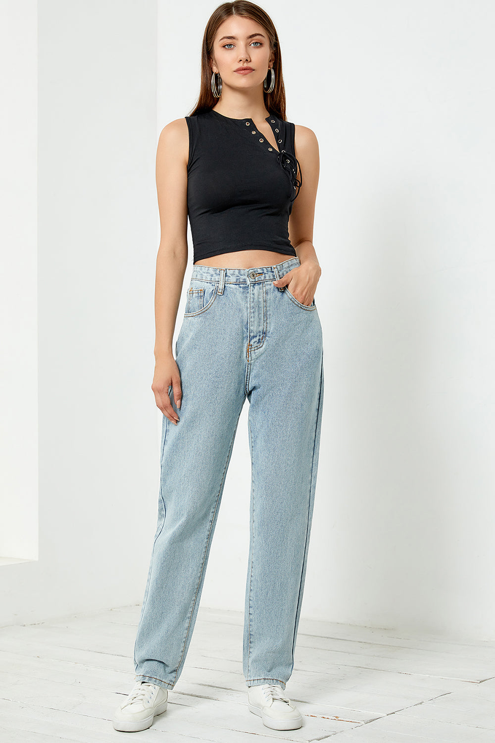 high waist straight leg jeans