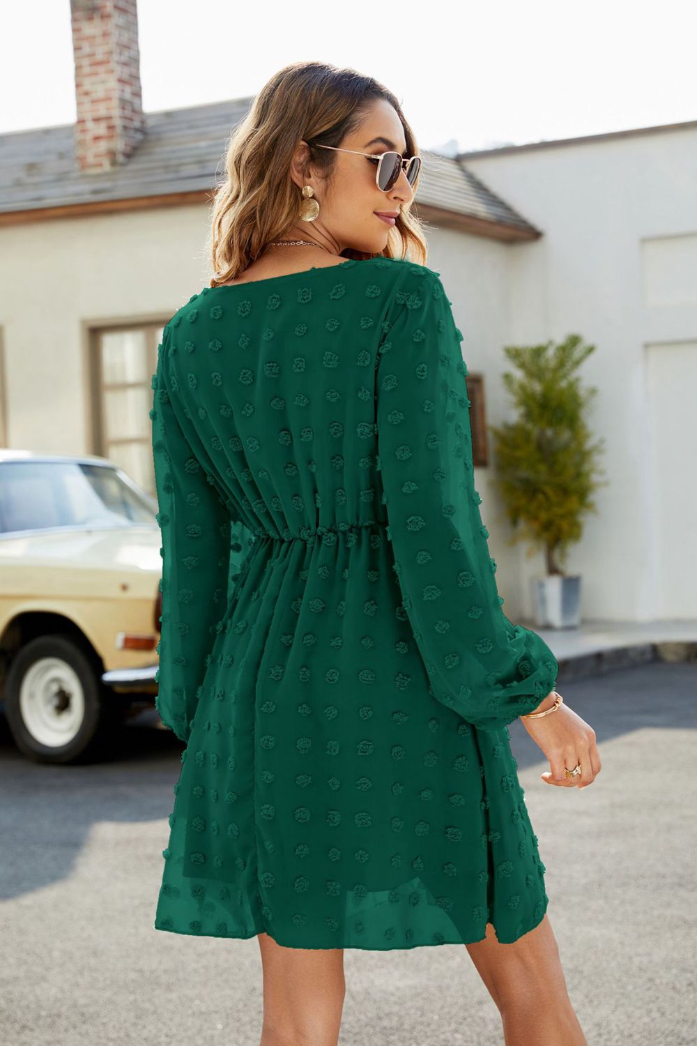 swiss dot v-neck lantern sleeve mini dress