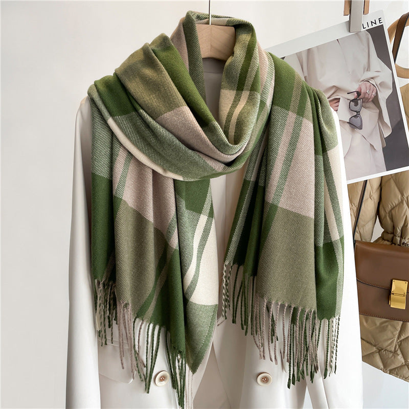 korean style plaid scarf women's autumn and winter warm shawl men's scarf tassel wild couple scarf