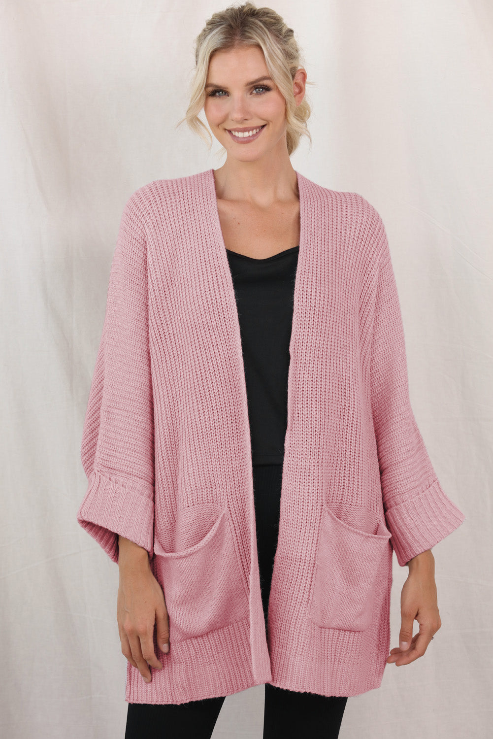 waffle-knit long sleeve cardigan with pocket